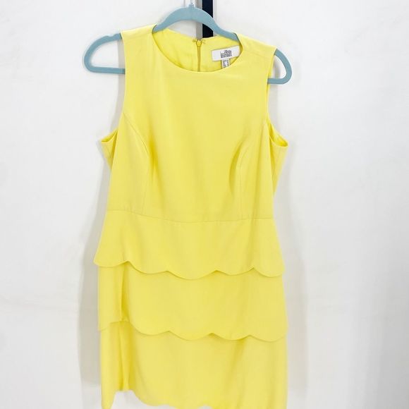 Belle Bradley Mischka Yellow Scallop Tiered Edge Dress 14 - Picture 3 of 5